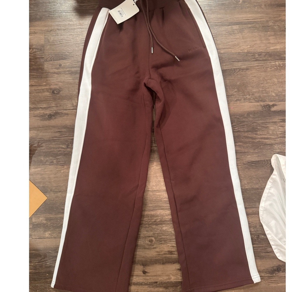 Wilo The Label Espresso Brown Wide Leg Side Stripe Sweatpants Small NWT - Picture 3 of 11